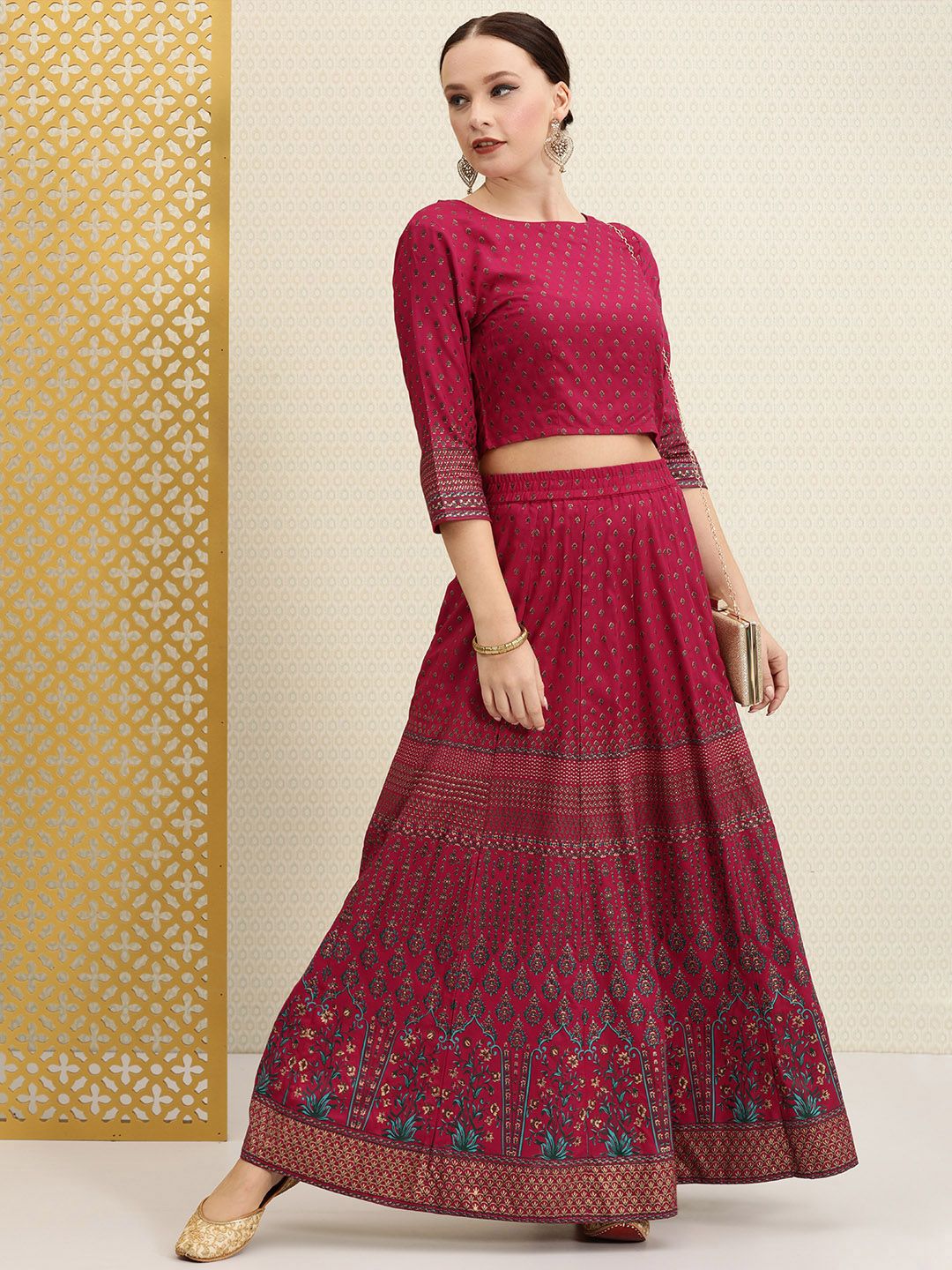 House of Pataudi Women Pink & Grey Printed Top with Skirt Price in India