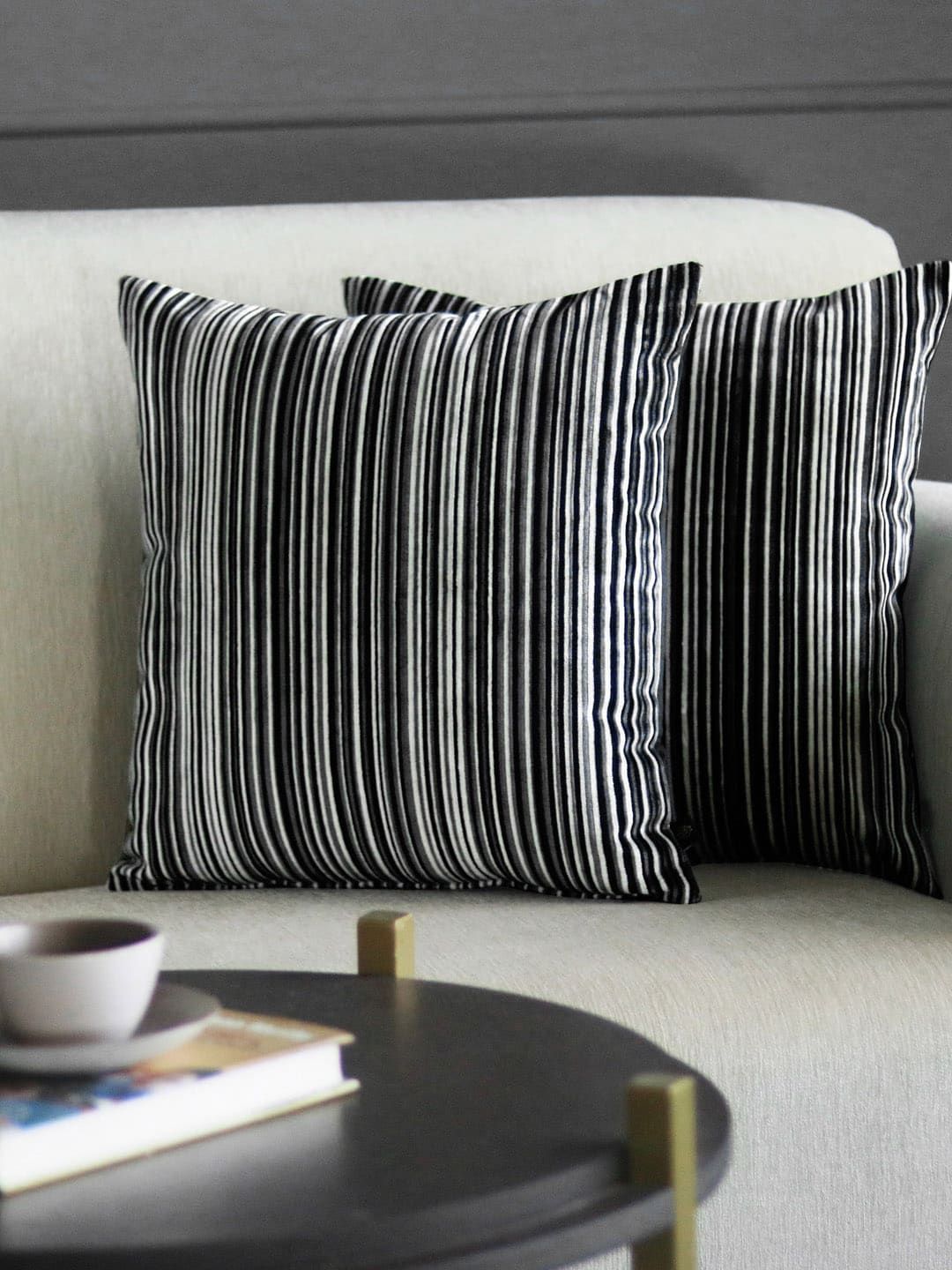 GM Black Set of 2 Striped Square Cushion Covers Price in India