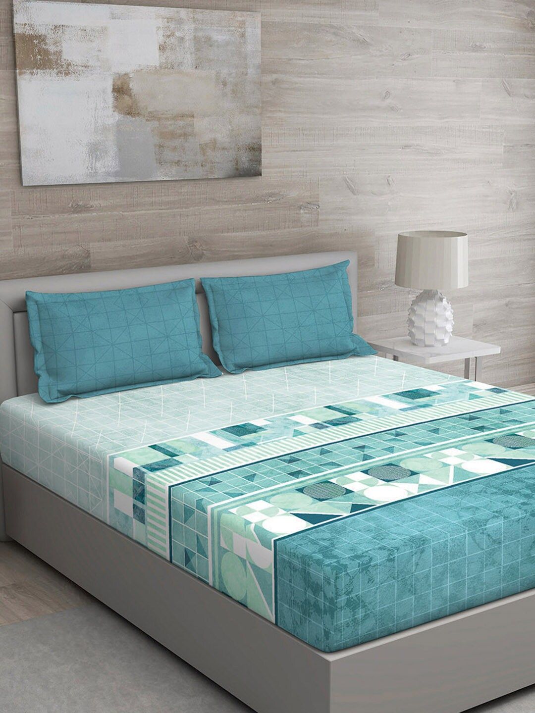 GM Turquoise Blue Geometric 150 TC Cotton 1 Queen Bedsheet with 2 Pillow Covers Price in India