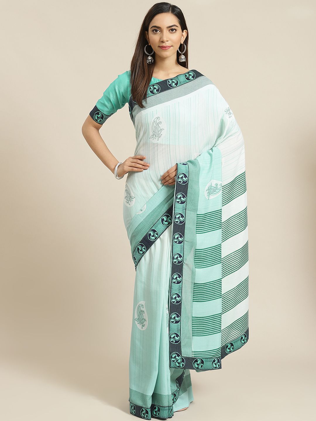 Libas Sea Green Printed Pure Chiffon Saree