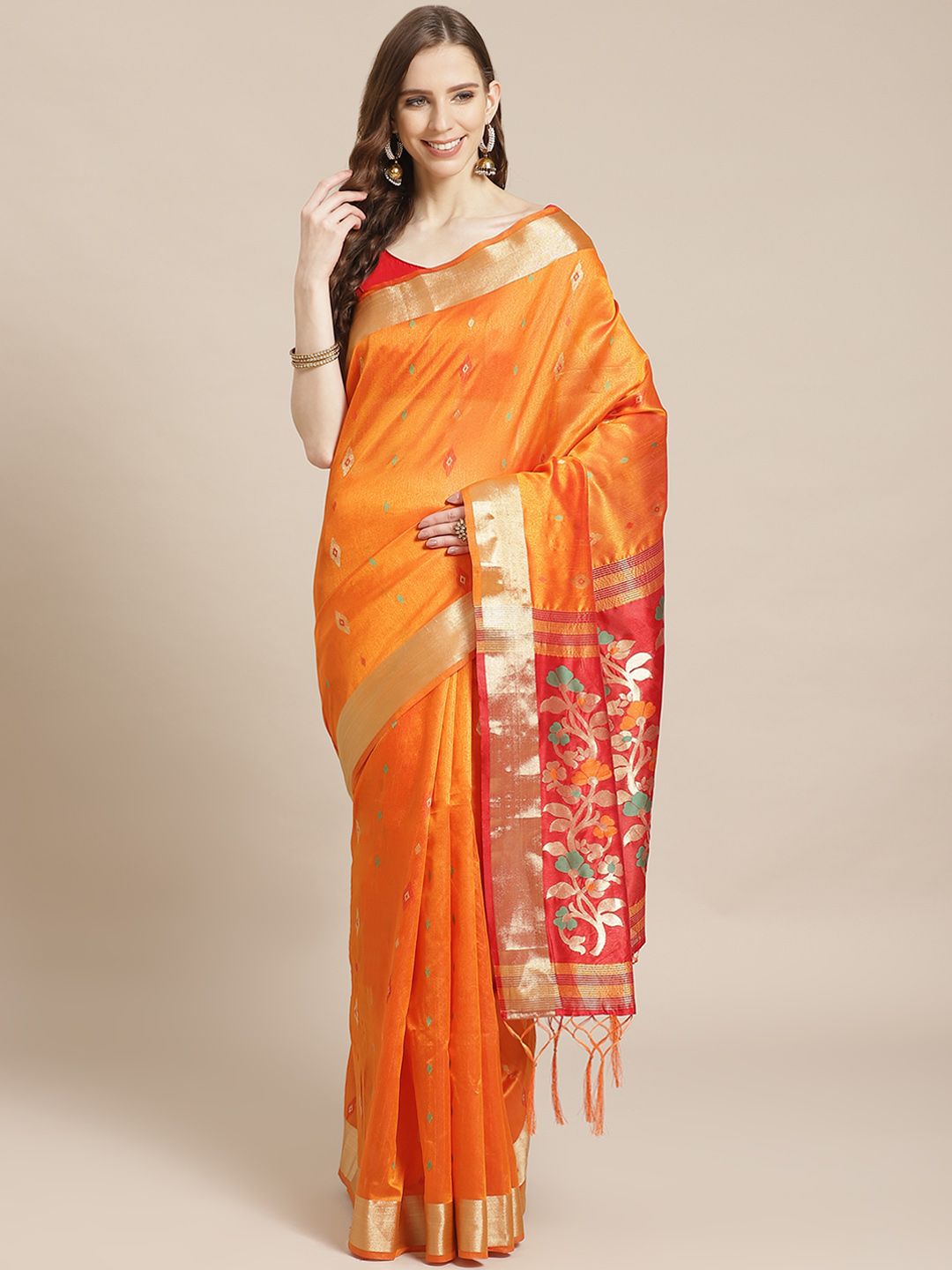 Libas Orange & Golden Brocade Woven Design Saree
