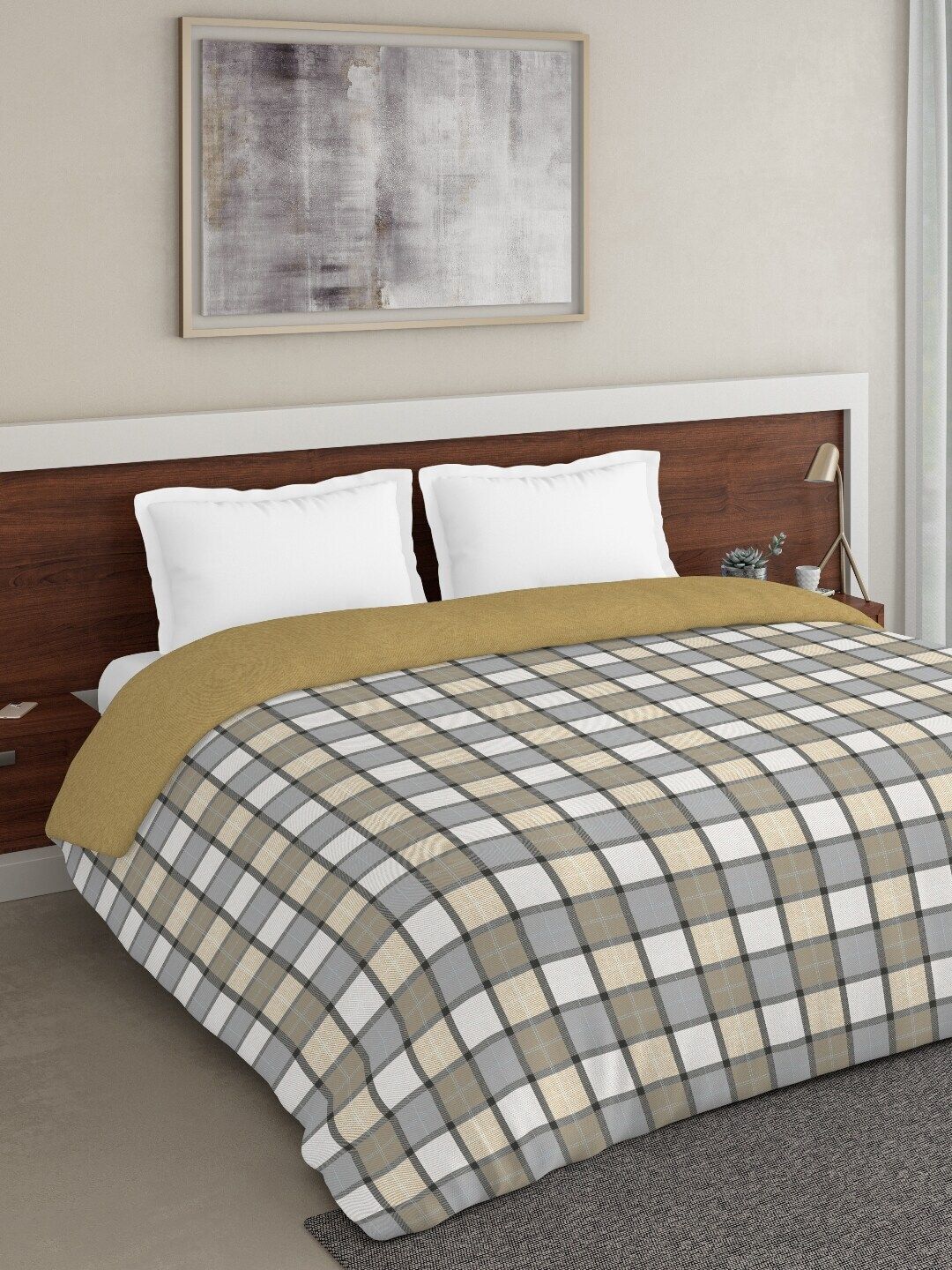 DDecor Yellow & Grey Checked Mild Winter 210 GSM Double Bed Comforter Price in India