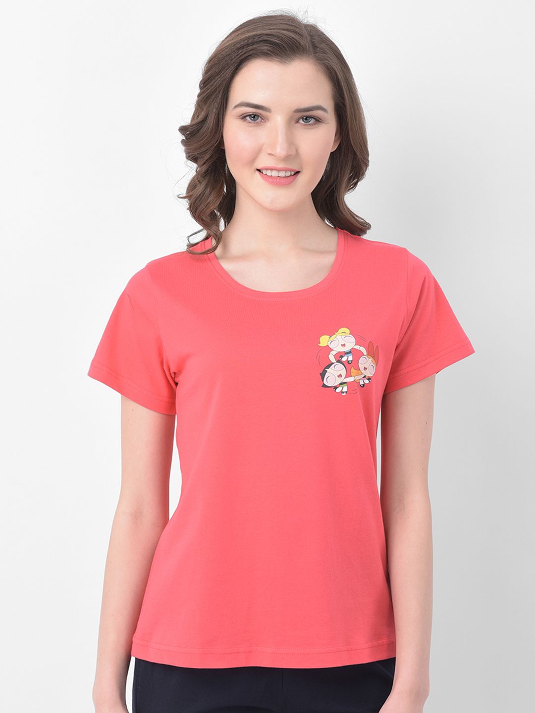 Clovia Women Coral Red Powerpuff Girls Printed Lounge T-shirt Price in India