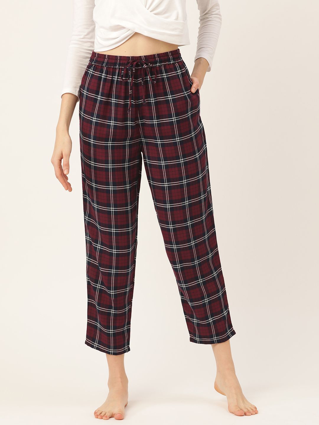 ETC Women Burgundy & Navy Blue Checked Lounge Pants Price in India