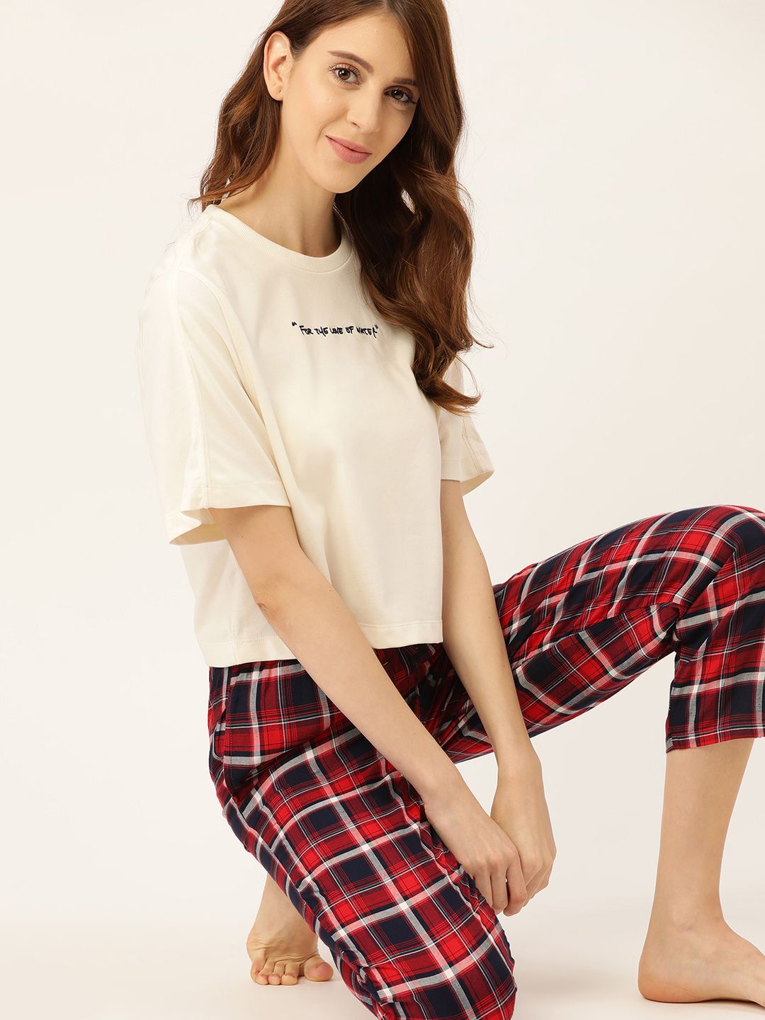 ETC Women Red & Navy Blue Checked Lounge Pants Price in India