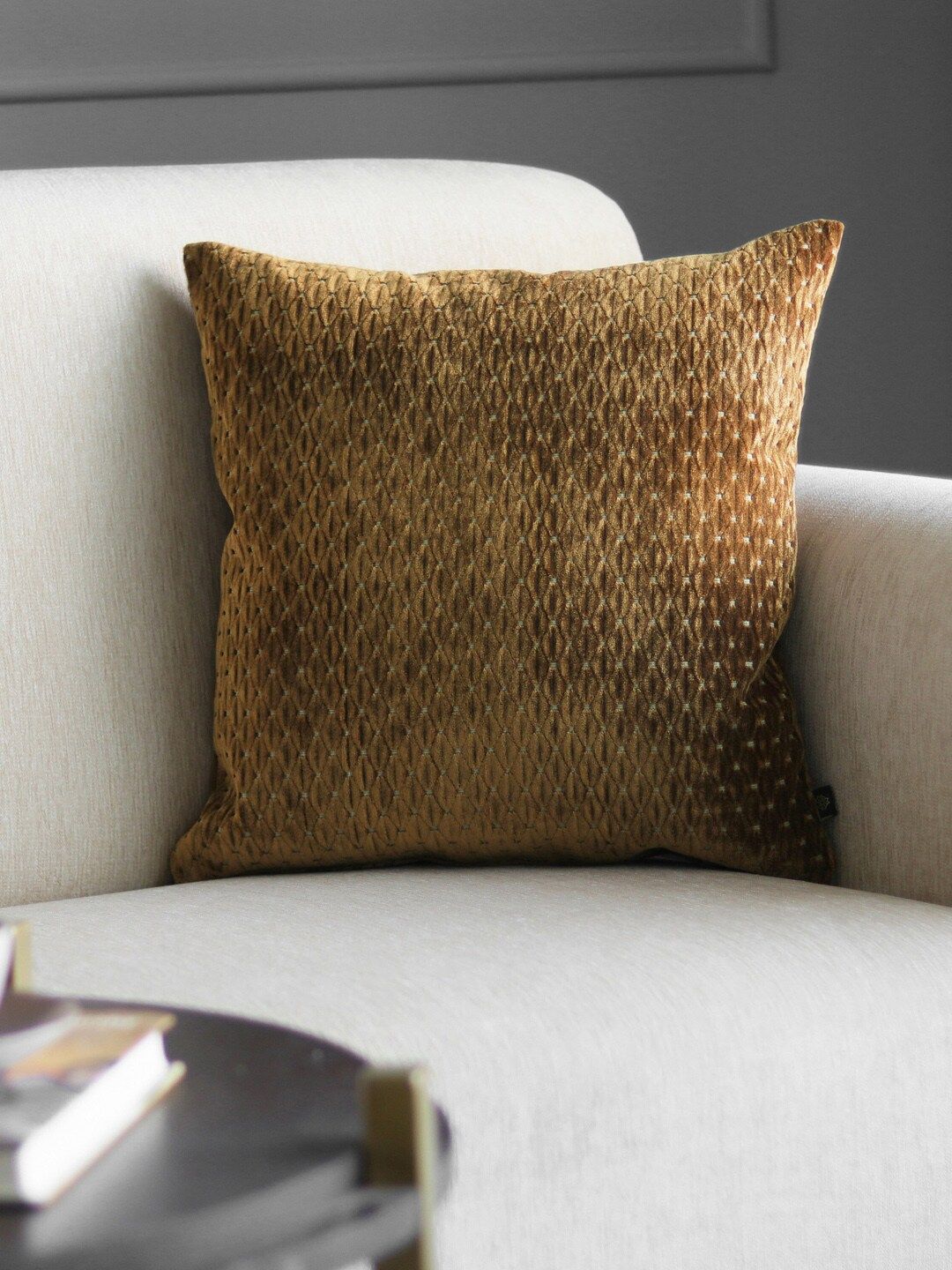 GM Unisex Brown & White Geometric Textured Square Velvet Cushion Cover Price in India