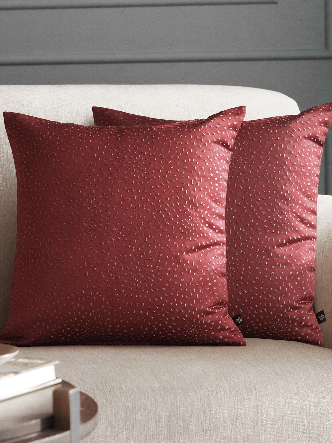 GM Set of 2 Red & Gold-Coloured Embroidered Square Cushion Covers Price in India