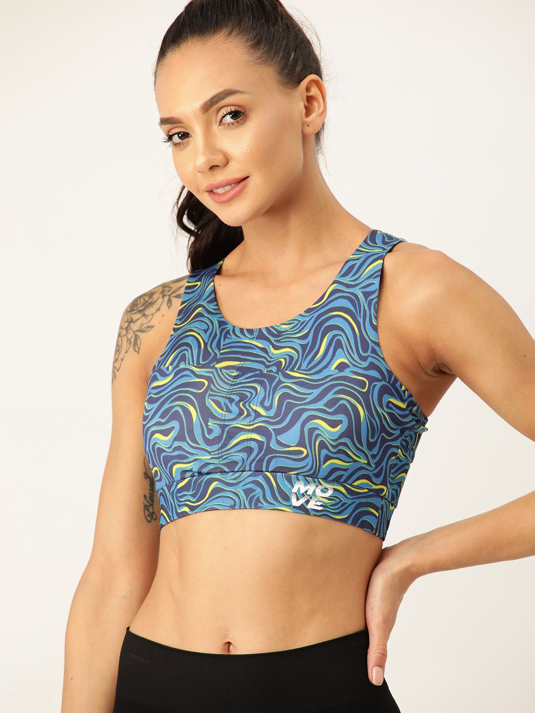 DressBerry Blue & Yellow Abstract Workout Bra Medium Coverage Lightly Padded Price in India