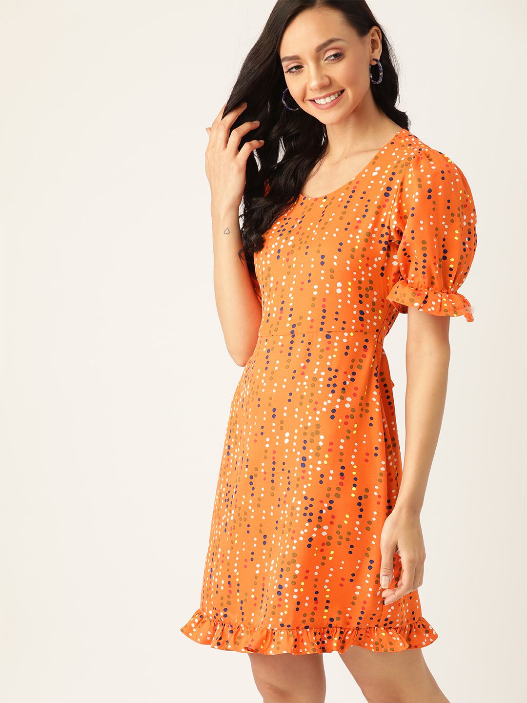 DressBerry Women Orange & White Polka Dots Print A-Line Dress