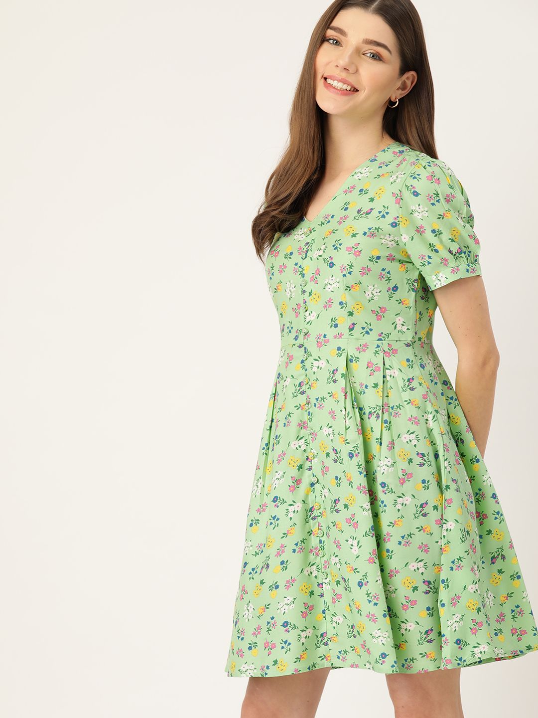 DressBerry Green & Yellow Floral Printed Fit and Flare Sustainable ECOVERO Dress Price in India