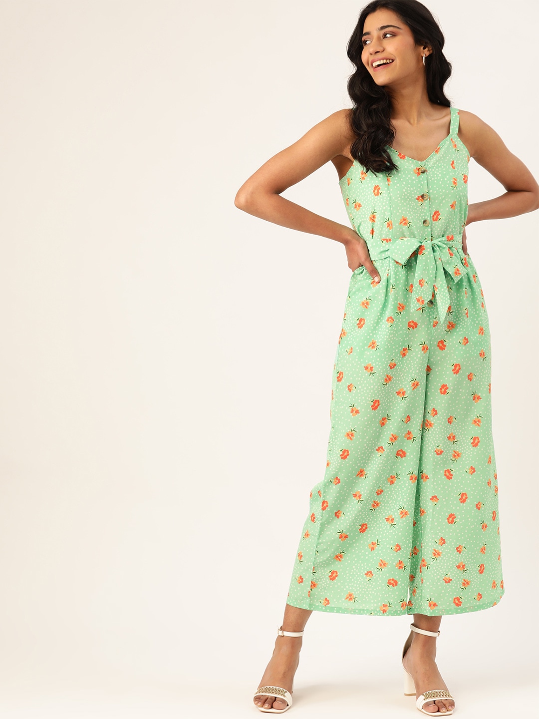 DressBerry Women Sea Green & Orange Floral Print Basic Jumpsuit Price in India
