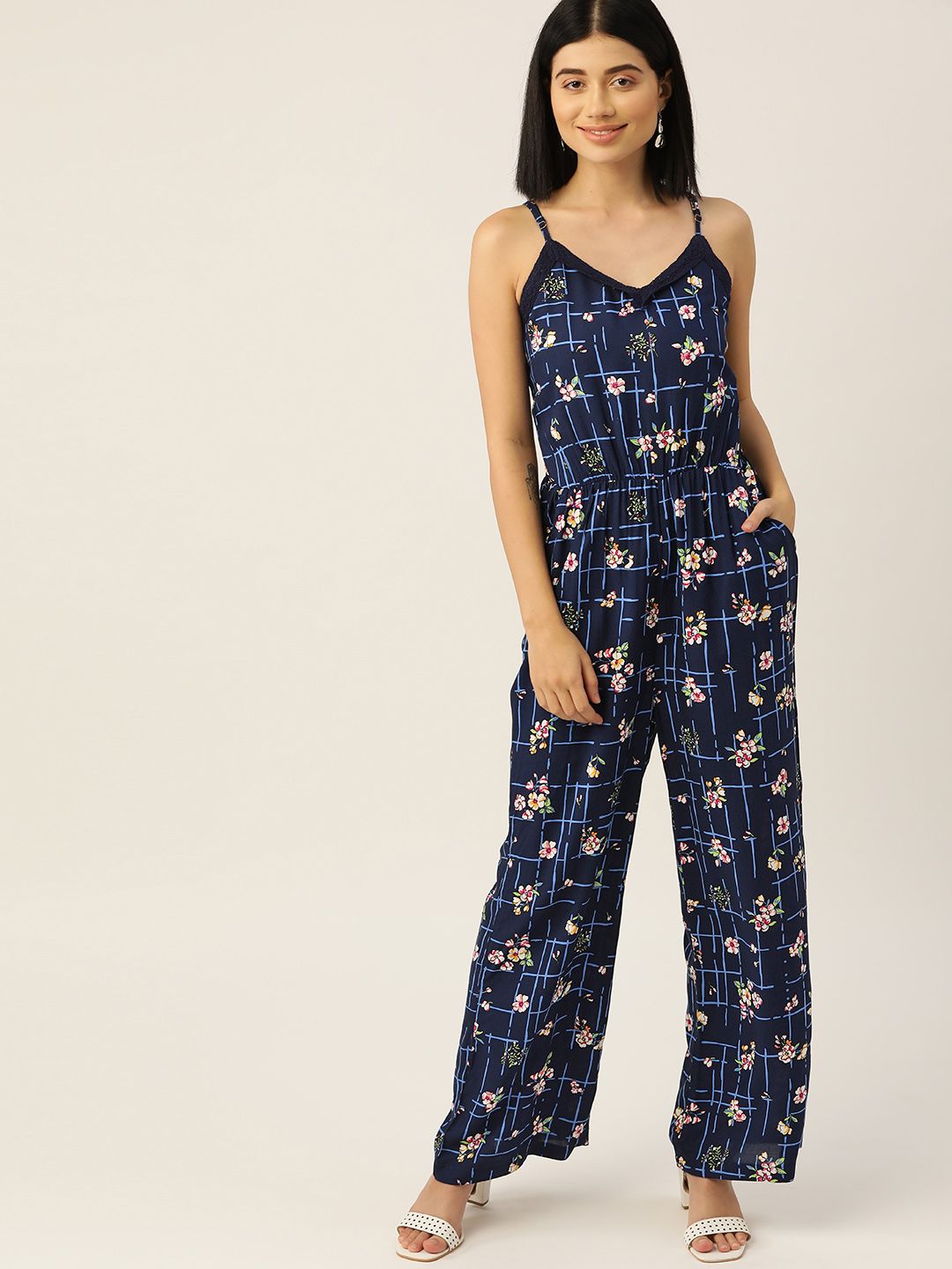 DressBerry Women Navy Blue & Off-White  Floral Print Basic Sustainable ECOVERO Jumpsuit Price in India