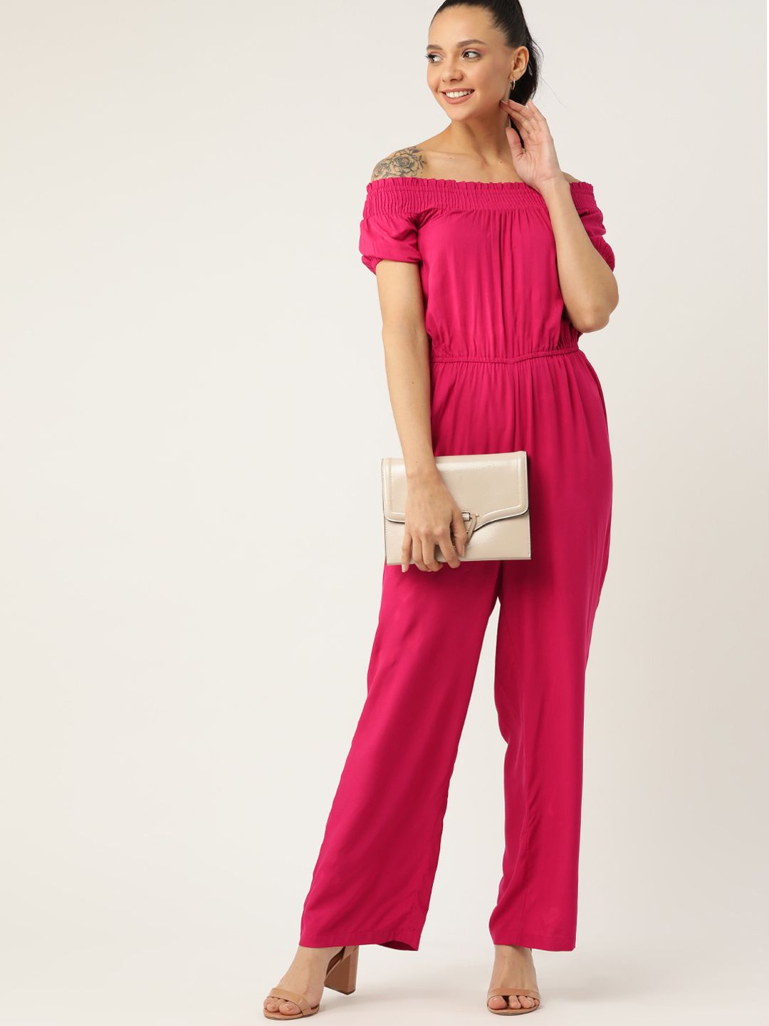 DressBerry Women Fuchsia Off-Shoulder Solid Basic Sustainable ECOVERO Jumpsuit Price in India