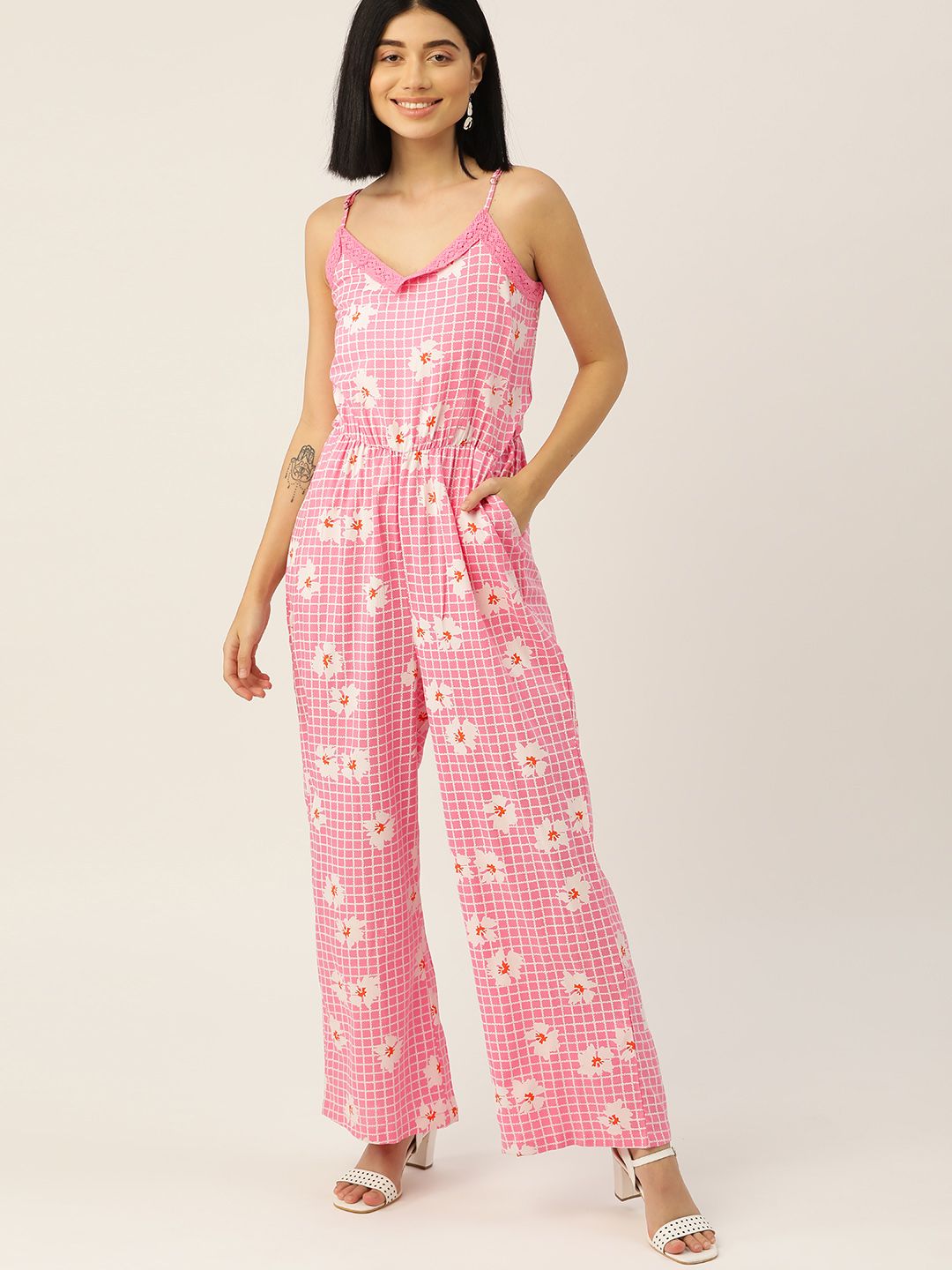 DressBerry Women Pink & White  Floral Print Basic Sustainable ECOVERO Jumpsuit Price in India