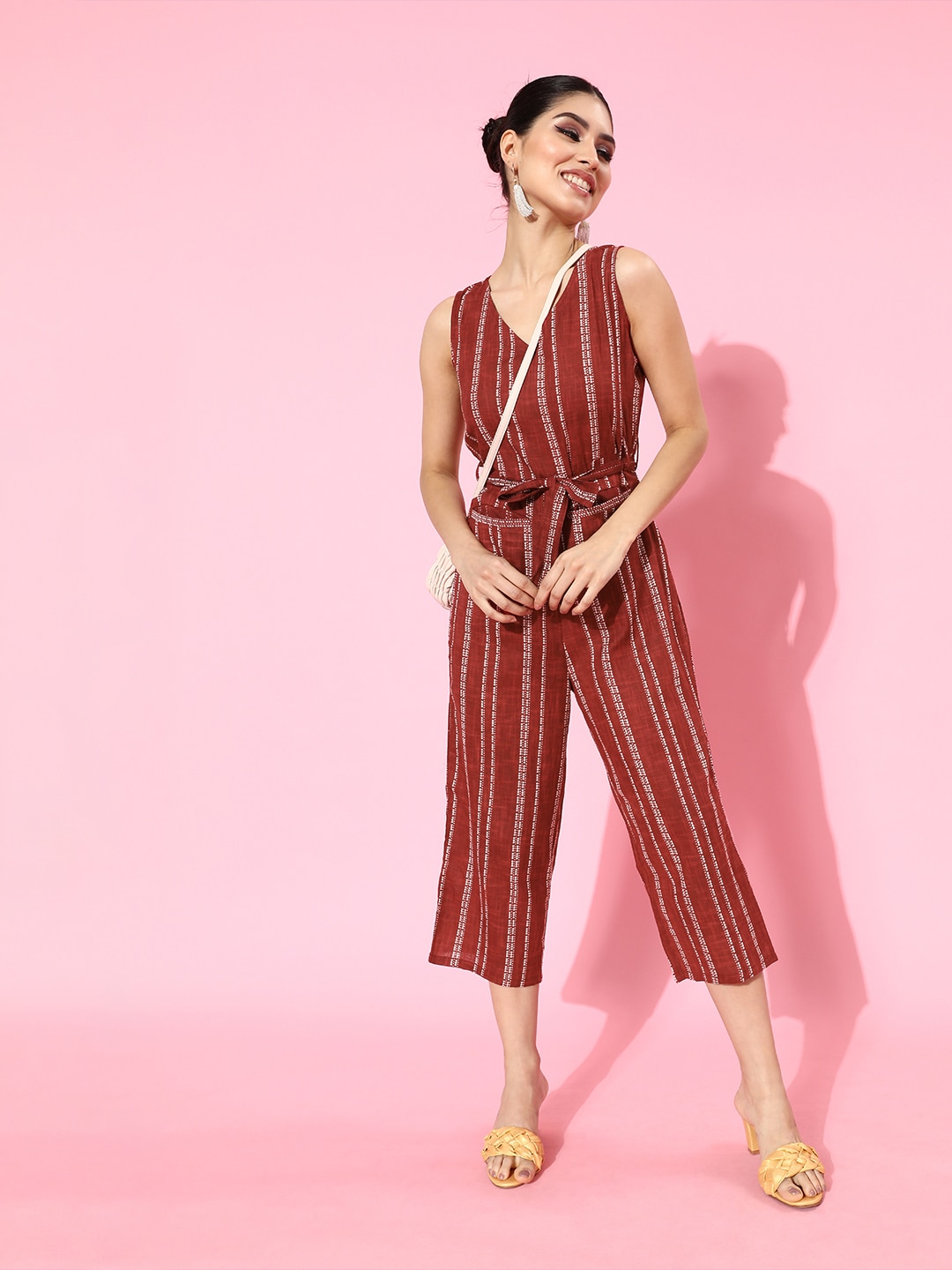 DressBerry Women Charming Maroon Striped Belted Jumpsuit Price in India