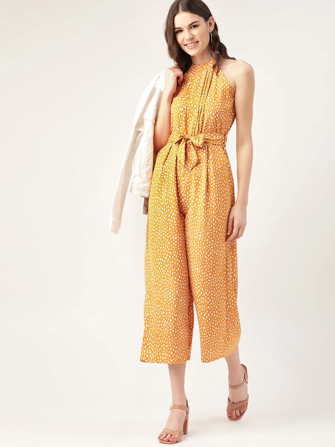 DressBerry Women Mustard Yellow & White Printed Cropped Basic Jumpsuit Price in India