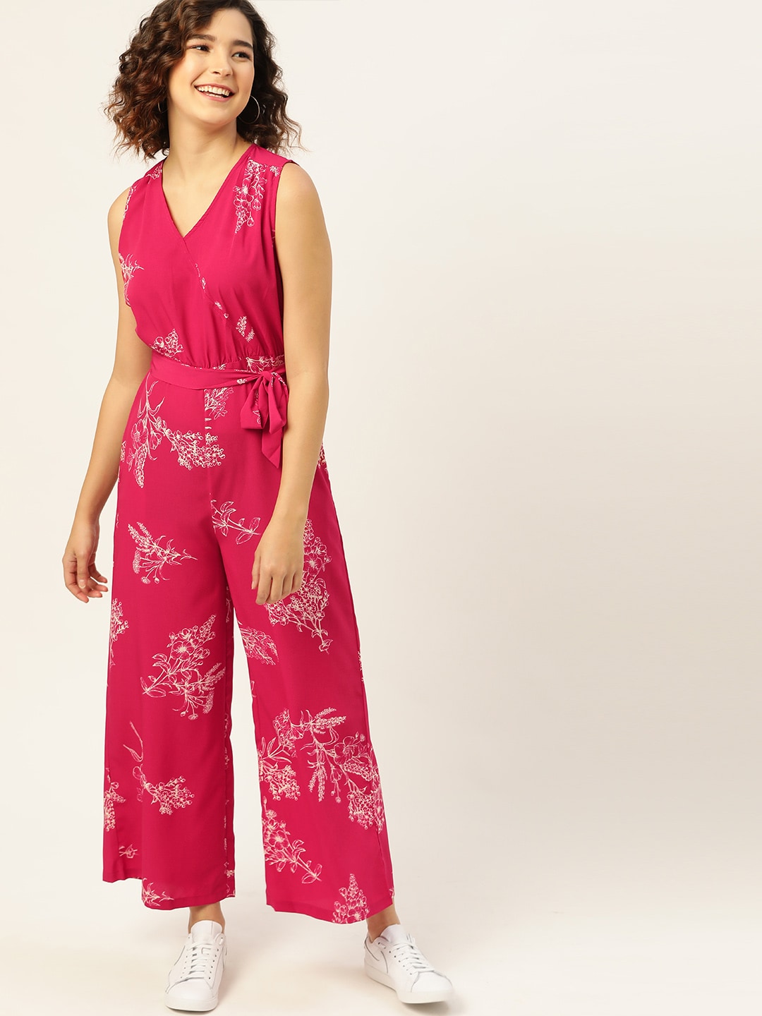 DressBerry Women Magenta & White Floral Printed Basic Jumpsuit Price in India