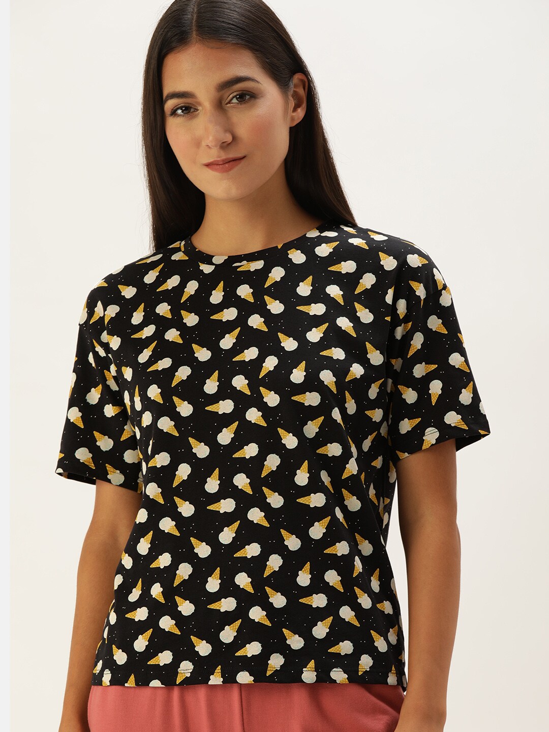 Dressberry Women Black& Yellow Pure Cotton Printed Lounge T-shirt Price in India
