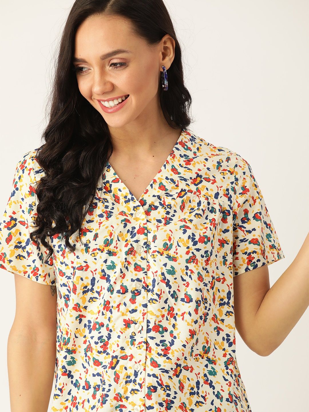 DressBerry Sustainable ECOVERO Women Off-White & Navy Blue  Printed Regular Top Price in India