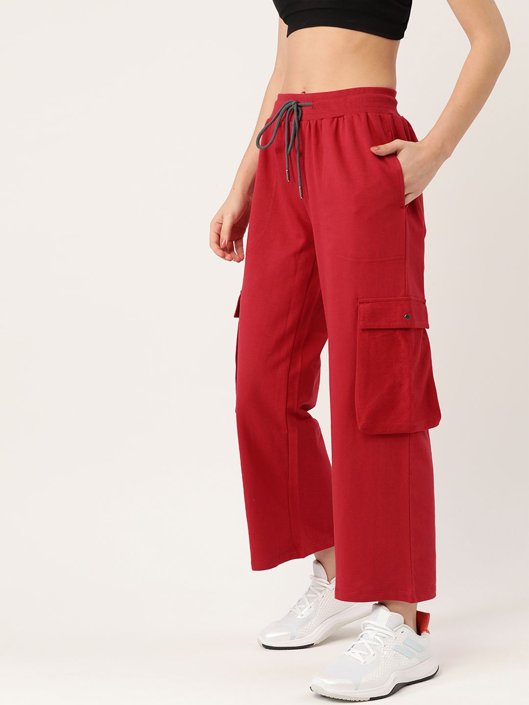 DressBerry Women Red Solid Pure Cotton Cargo Track Pants Price in India