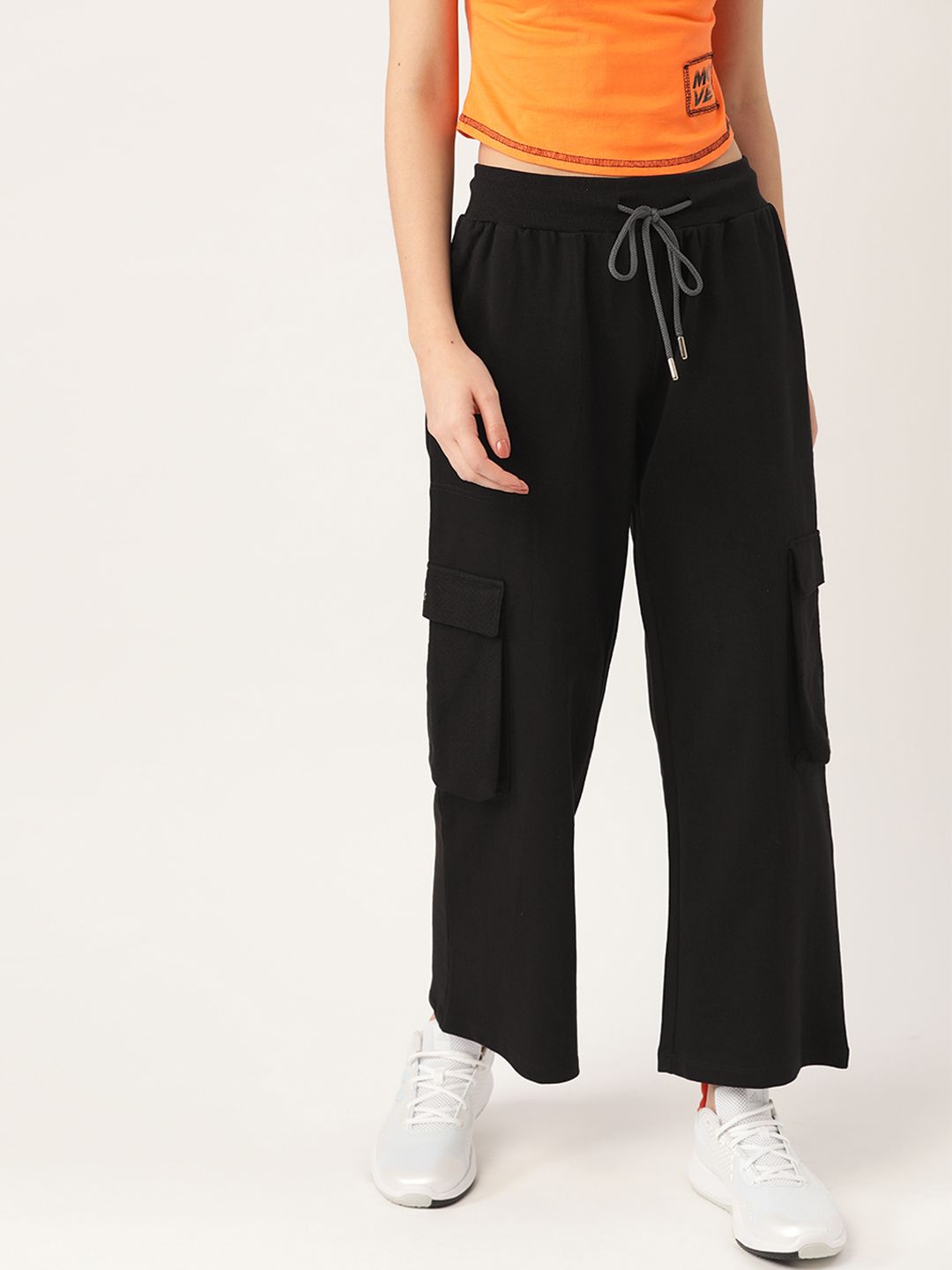 DressBerry Women Black Solid Pure Cotton Cargo Track Pants Price in India