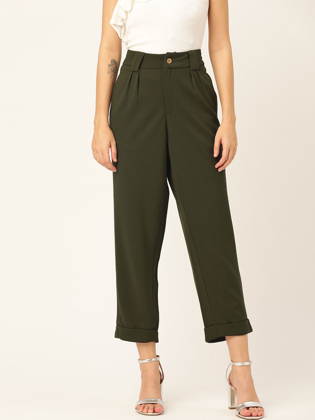 DressBerry Women Olive Green Regular Fit Solid Cropped Trousers Price in India