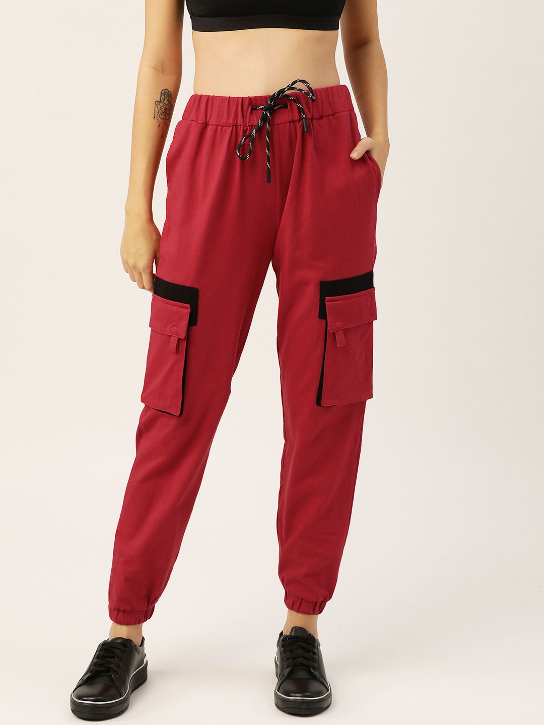 DressBerry Women Red Regular Fit Solid Pure Cotton Cargos Joggers Price in India
