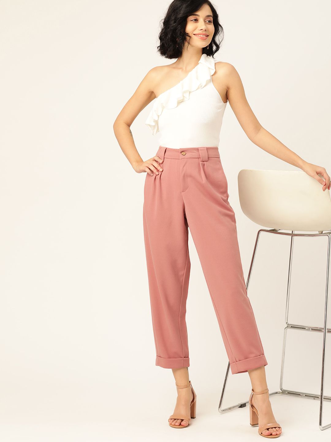 DressBerry Women Pink Regular Fit Solid Cropped Trousers Price in India