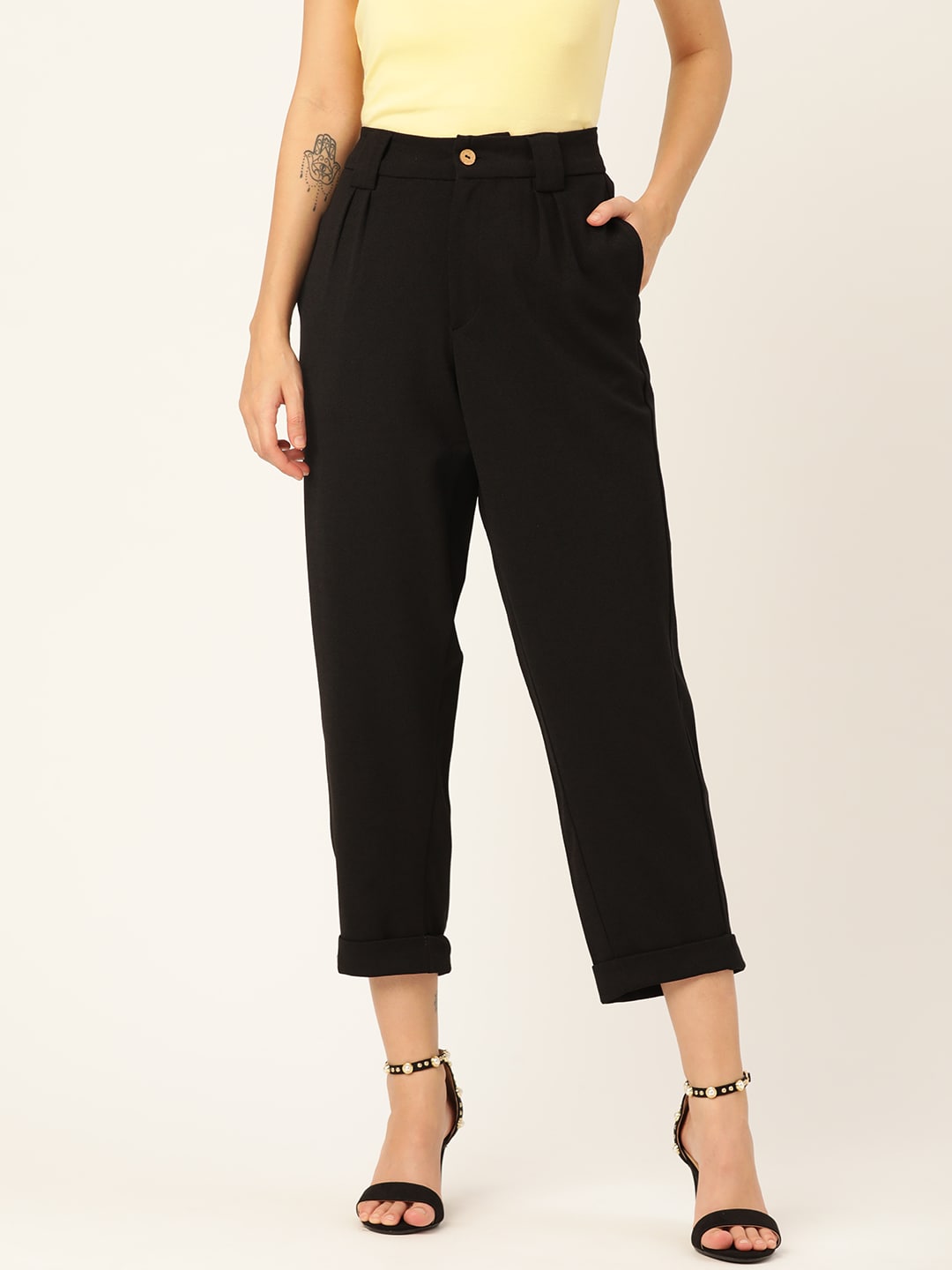 DressBerry Women Black Regular Fit Solid Cropped Trousers Price in India