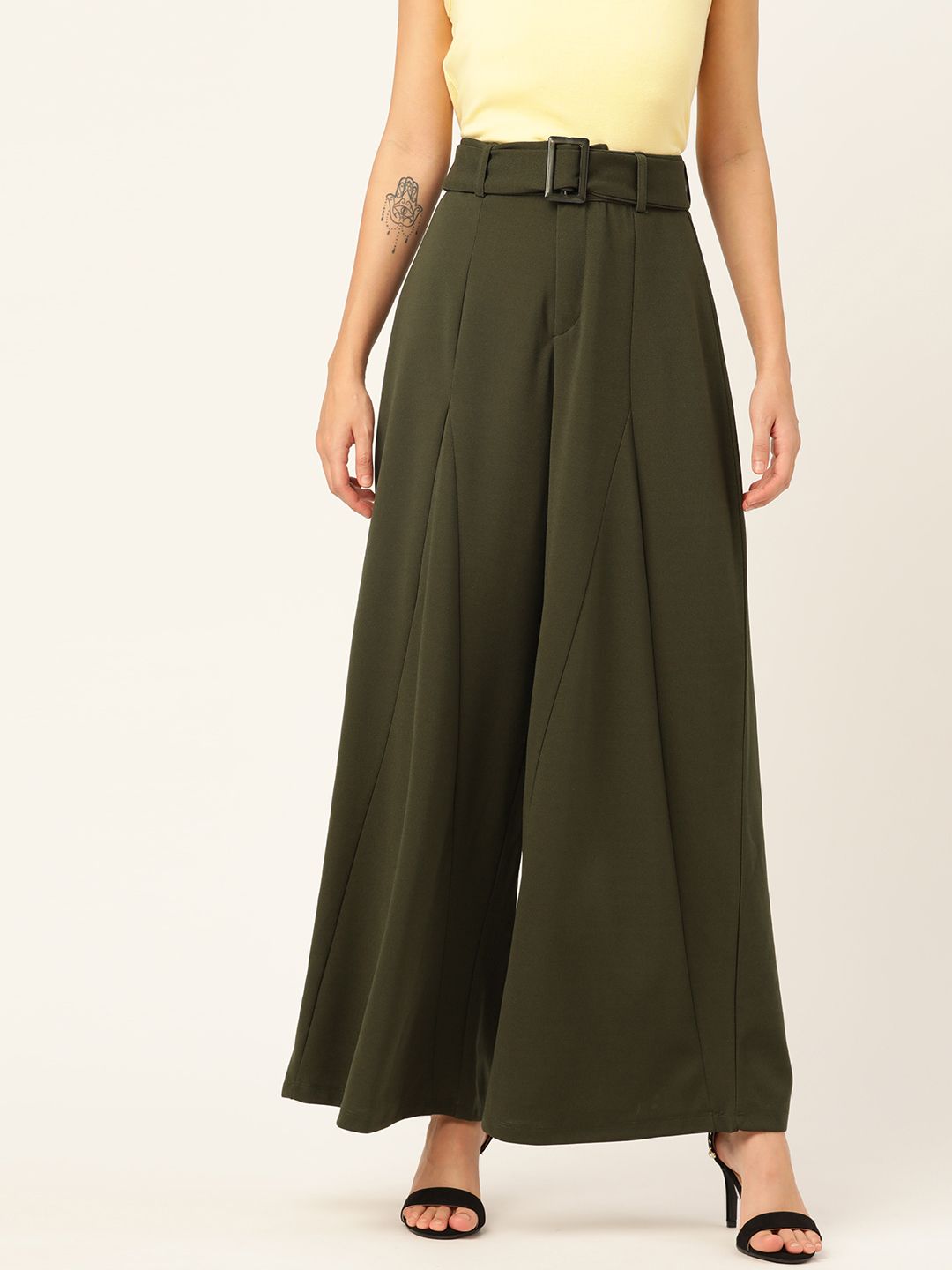 DressBerry Women Olive Green Solid Parallel Trousers Price in India