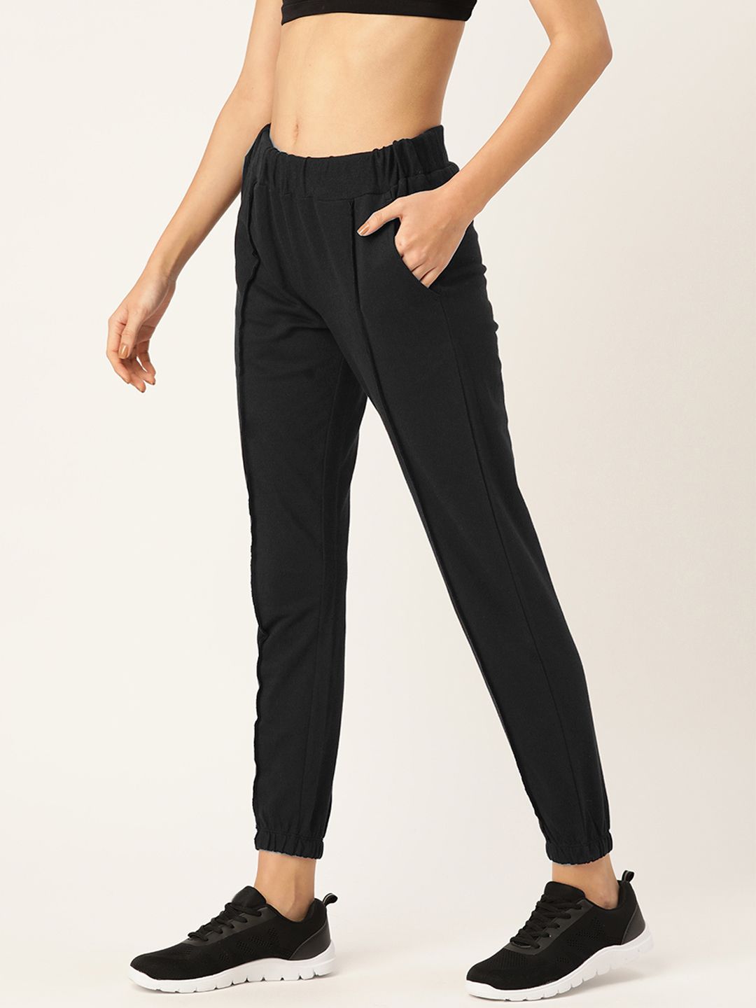 DressBerry Women Black Regular Fit Solid Pure Cotton Cropped Joggers Price in India