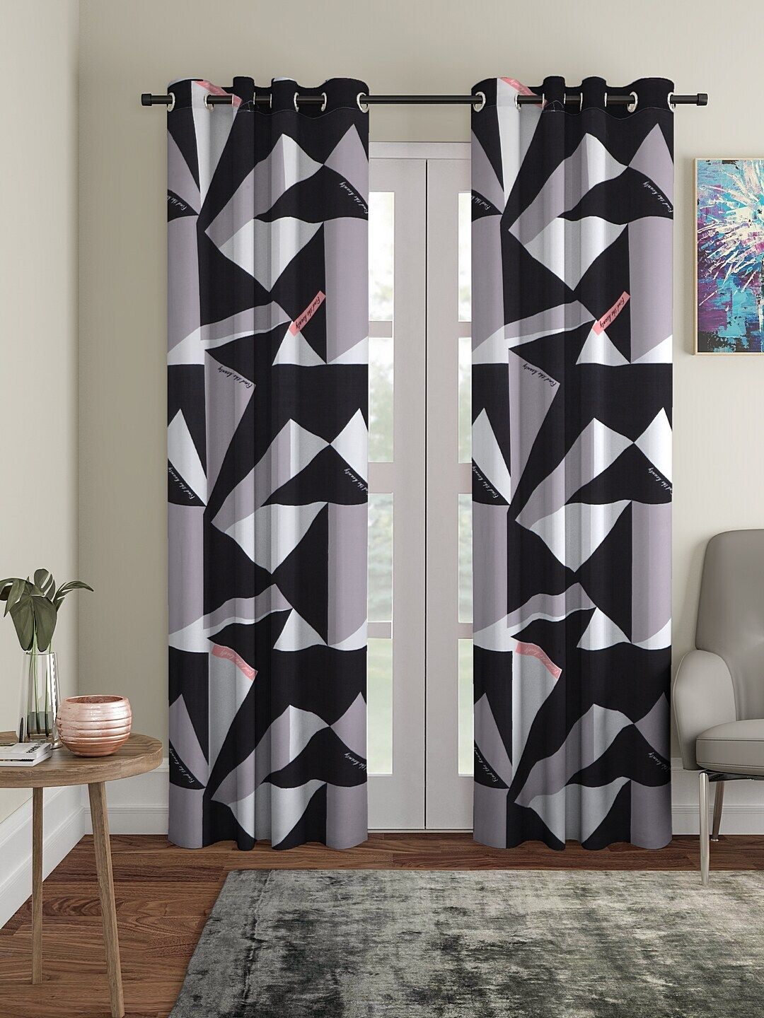 Cortina Set Of 2 Balck & White Geometric Regular Long Door Curtains Price in India