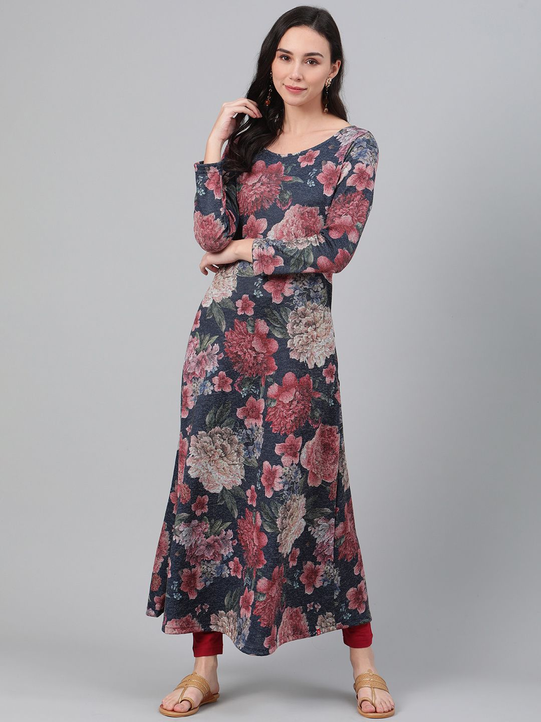 Biba Women Blue & Pink Floral Print Winter A-Line Kurta