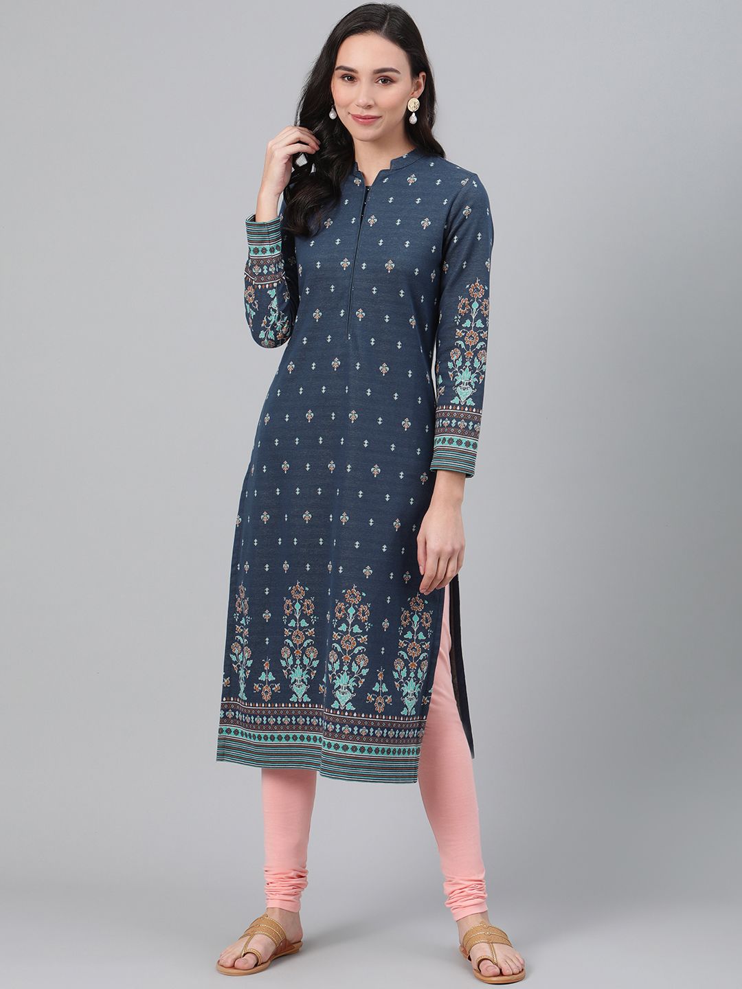 Biba Women Blue Printed Straight Winter Kurta