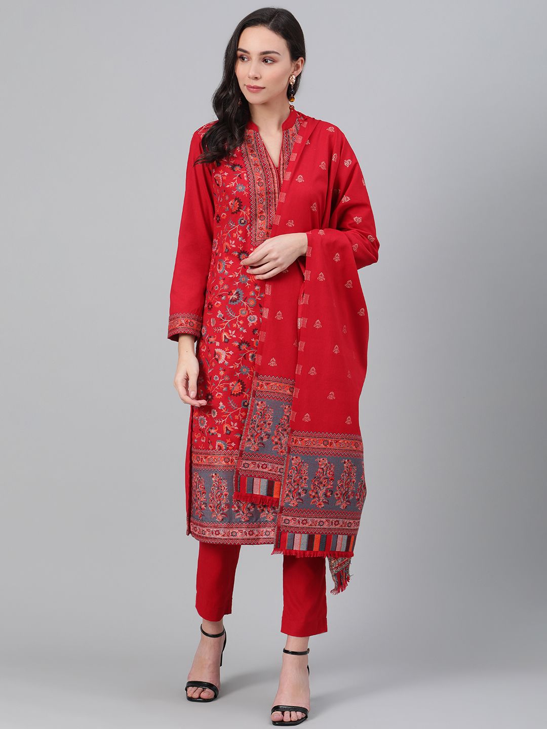 Biba Women Red Woven Design Winter Kurta with Trousers & Dupatta