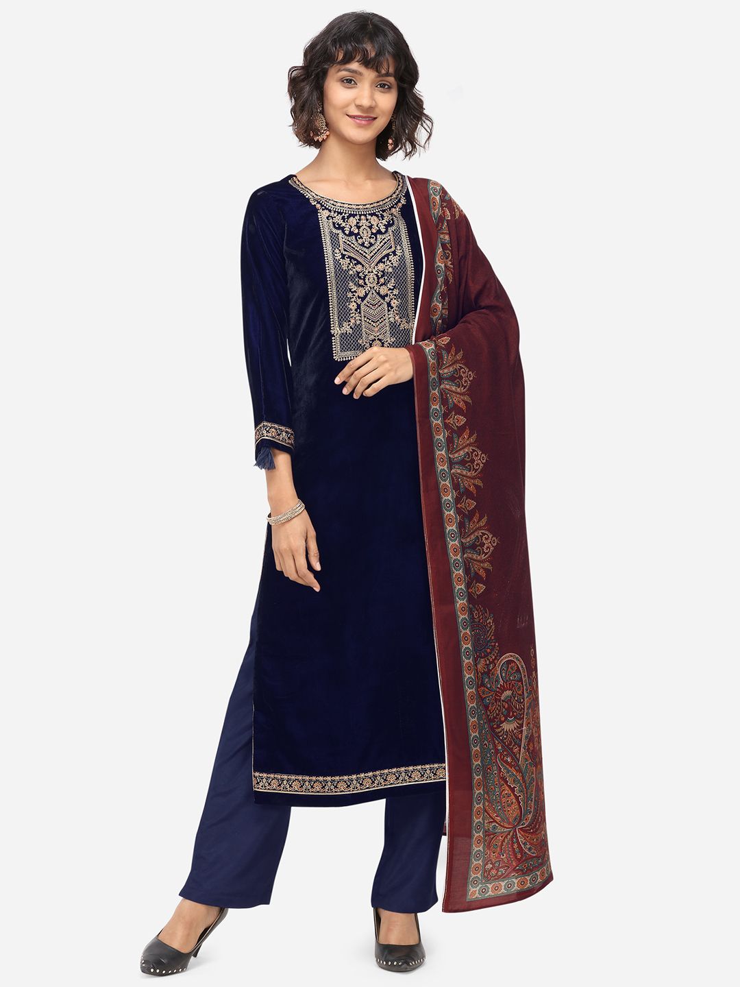 Stylee LIFESTYLE Women Navy Blue Embroidered Unstitched Dress Material Price in India