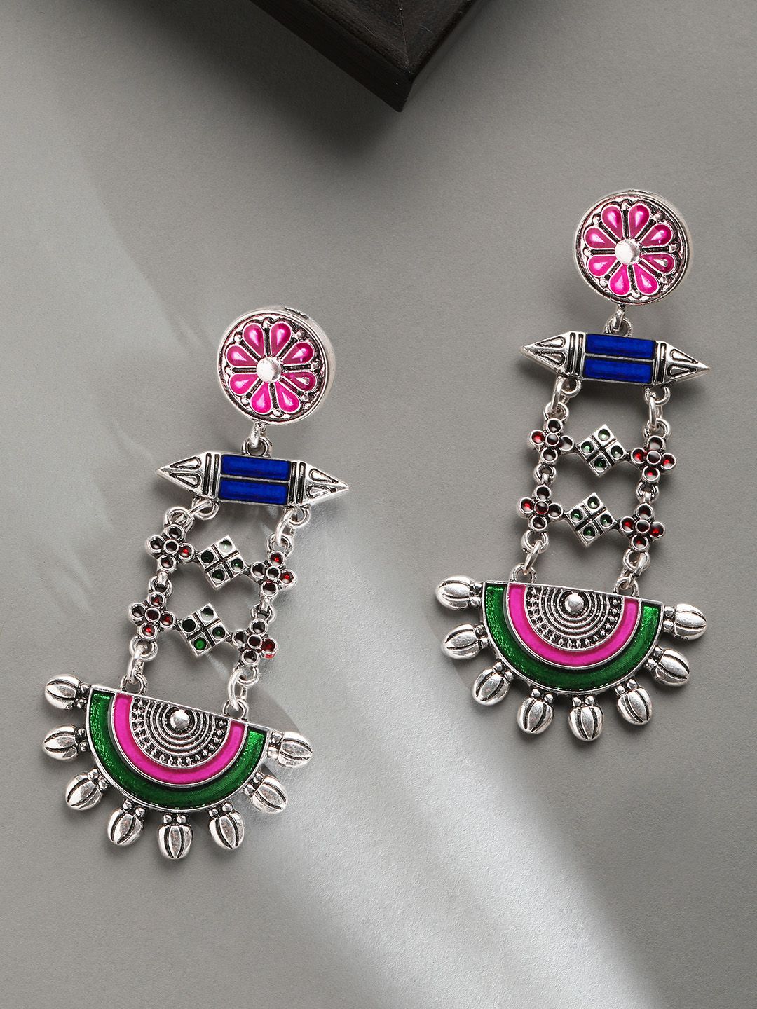 Rubans Silver-Toned & Multicoloured Contemporary Drop Earrings Price in India