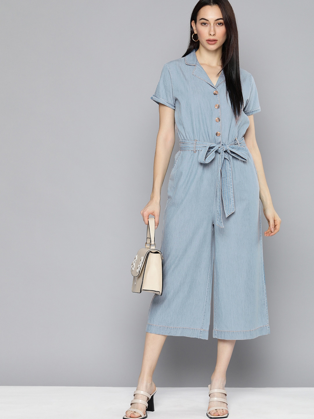 Chemistry Women Blue Solid Culotte Chambray Jumpsuit Price in India