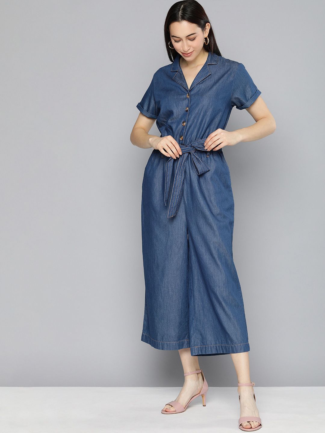 Chemistry Women Blue Solid Culotte Chambray Jumpsuit Price in India