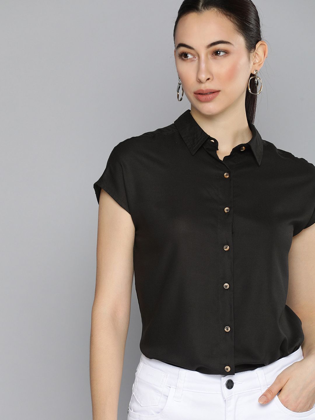 Chemistry Women Black Regular Fit Solid Casual Shirt