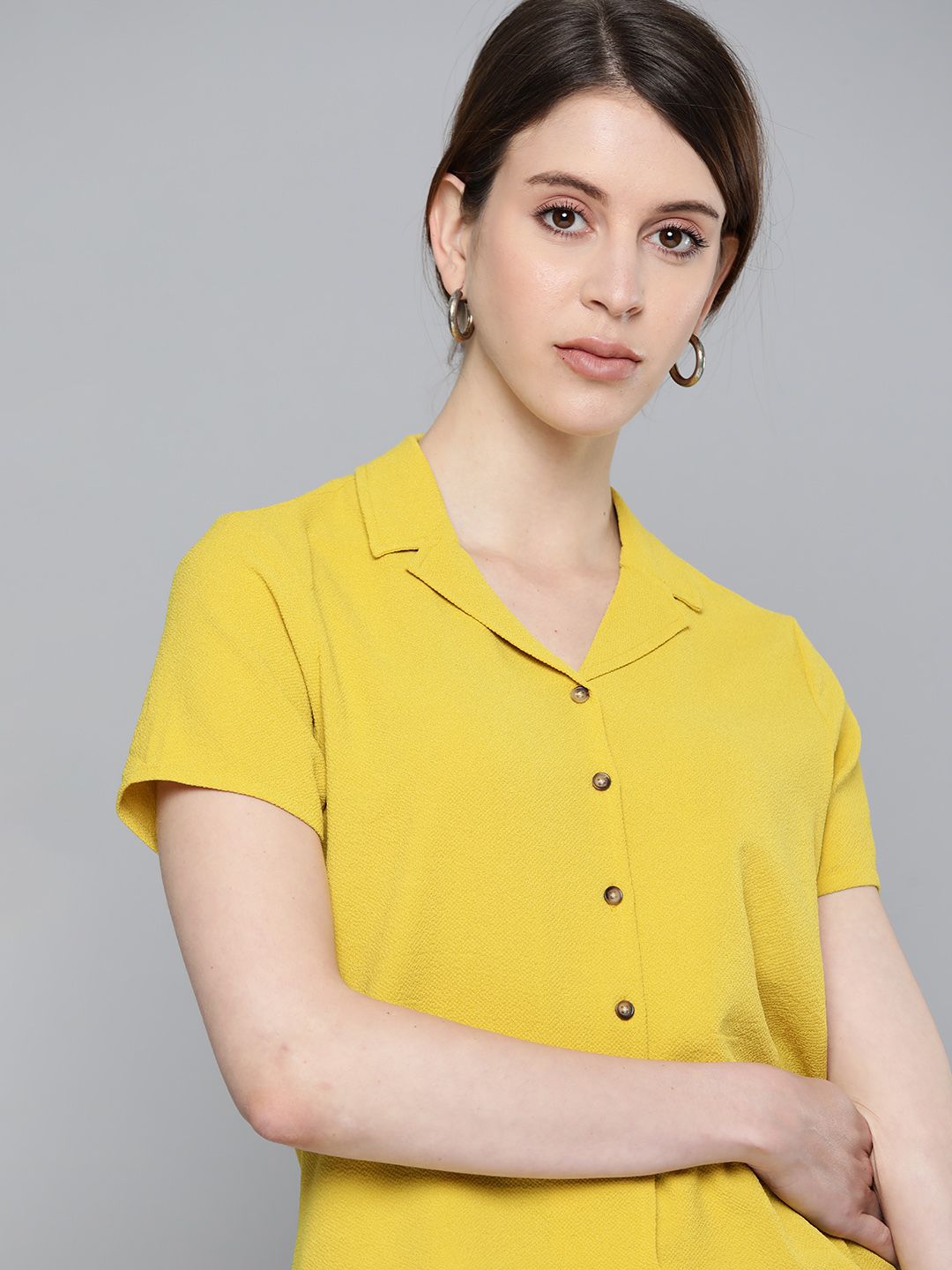 Chemistry Women Mustard Yellow Regular Fit Self Design Casual Shirt