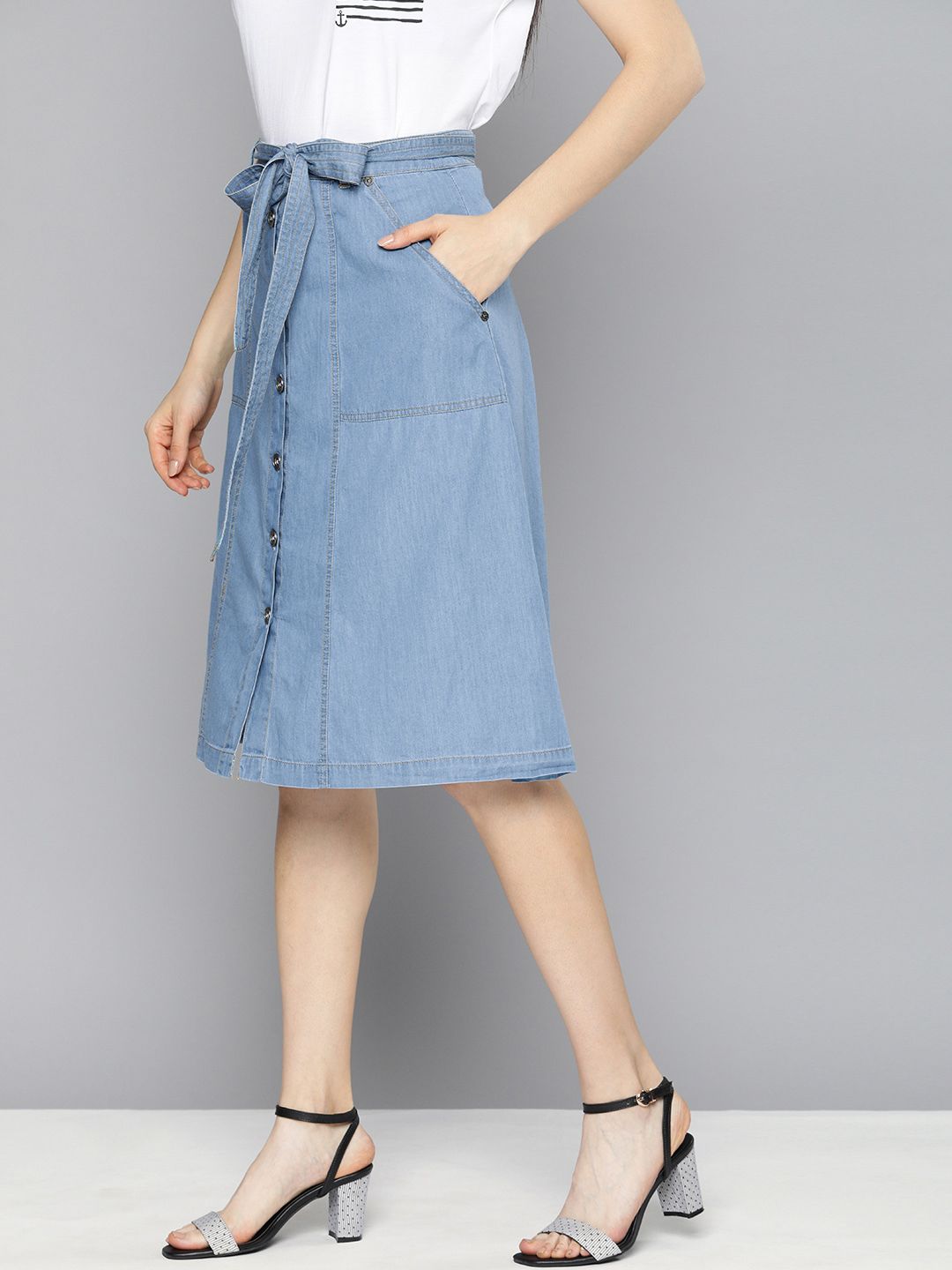 Chemistry Women Blue Solid Denim A-line Skirt Price in India