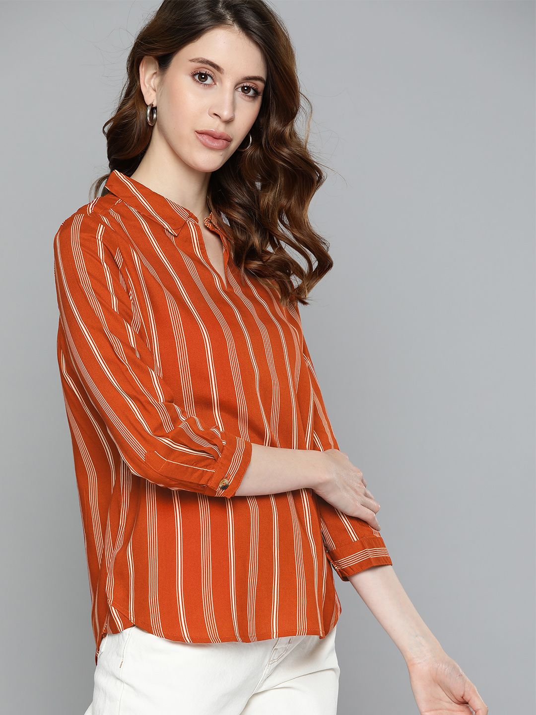 Chemistry Rust Orange & Off White Striped Shirt Style Top Price in India