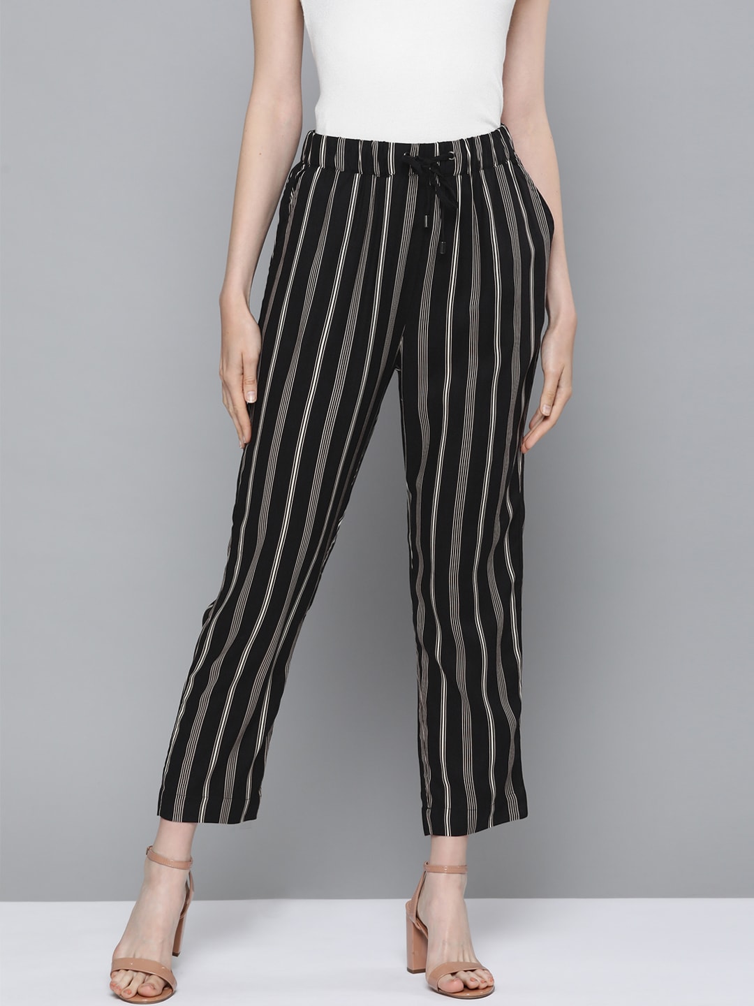 Chemistry Women Black & White Regular Fit Striped Ankle Length Trousers Price in India