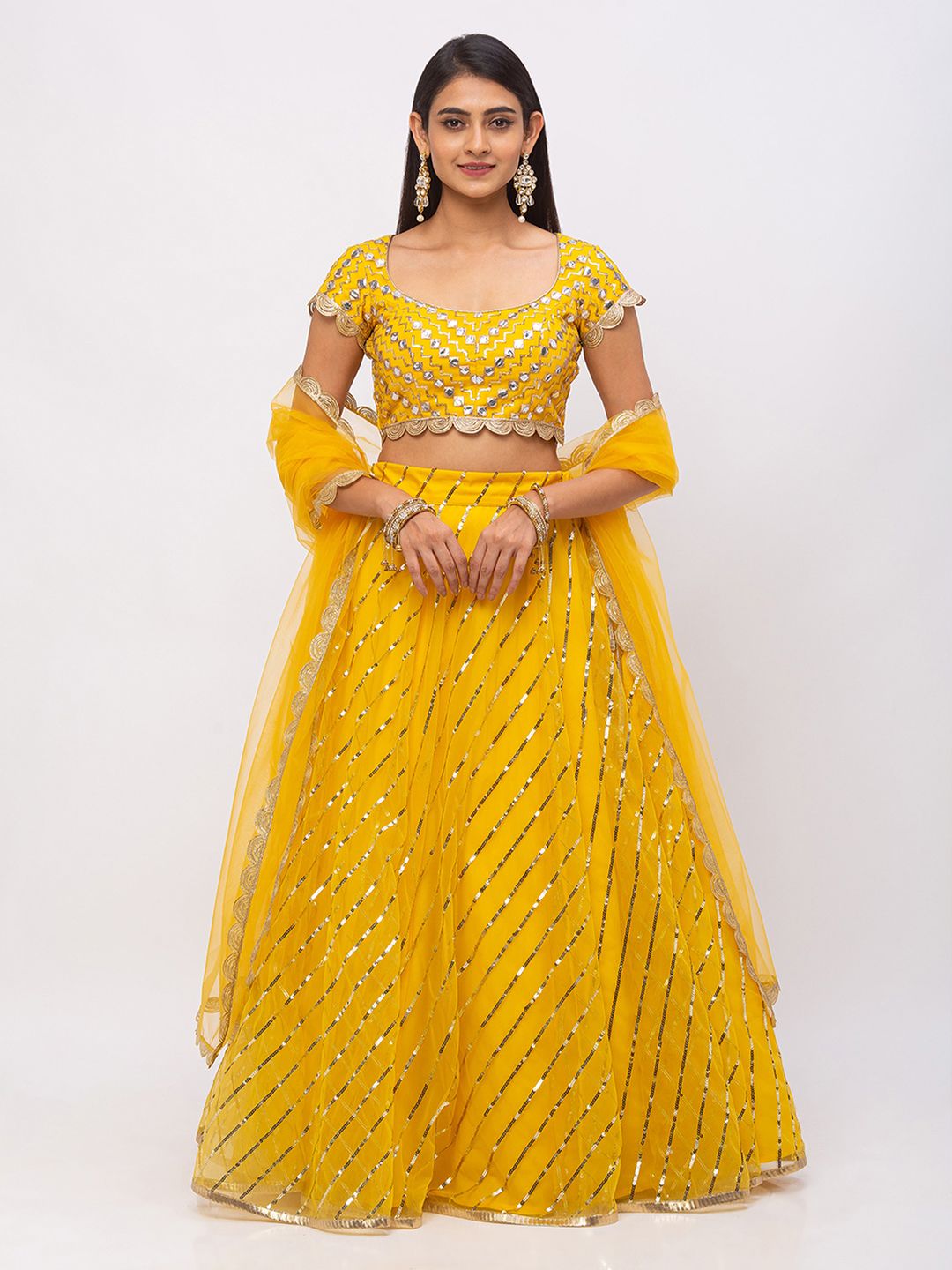 6Y COLLECTIVE Women Mustard Yellow Leheriya Patterned Sequin Embroidered Net Ready to Wear Lehenga & Unstitched Choli with Dupatta