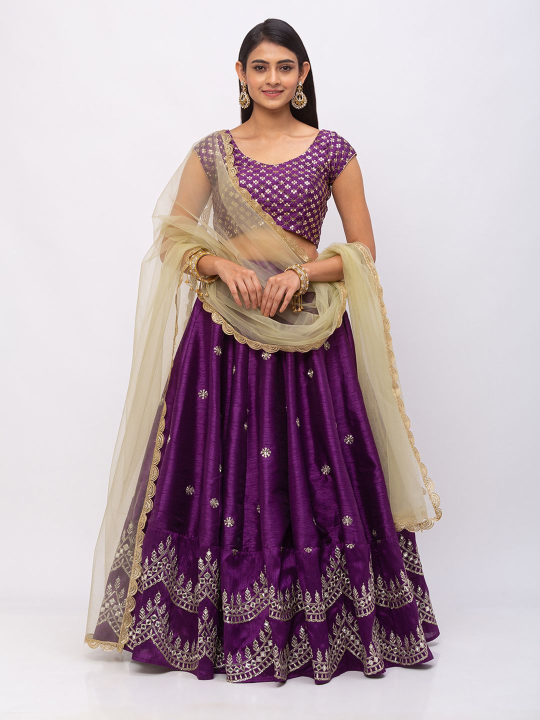 Women Purple & Beige Zari & Sequin Embroidered Scalloped Design Ready to Wear Raw Silk Lehenga & Unstitched Choli with Dupatta