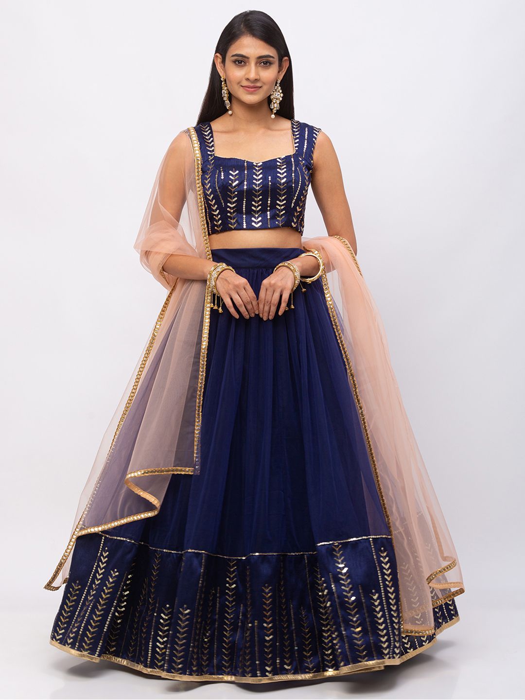 6Y COLLECTIVE Women Navy & Pink Sequin Embroidered Ready to Wear Net Lehenga & Unstitched Choli with Dupatta Price in India