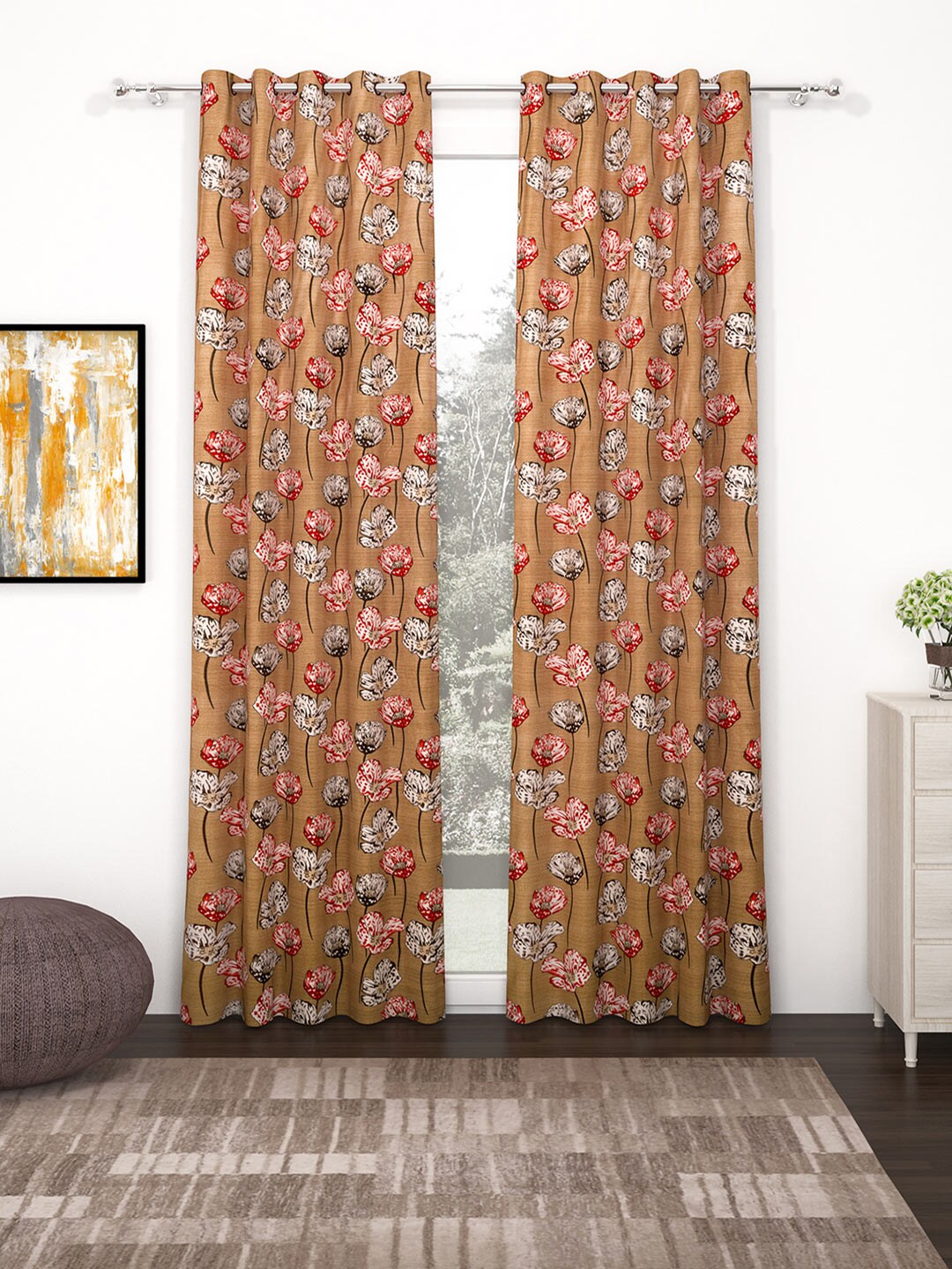 Bedspun Set Of 2 Gold-Coloured & Red Floral Printed Polyester Eyelet Ringtop Door Curtains Price in India