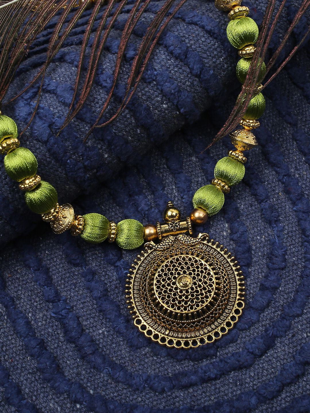 AKSHARA Green & Gold-Toned Beaded Brass Necklace Price in India