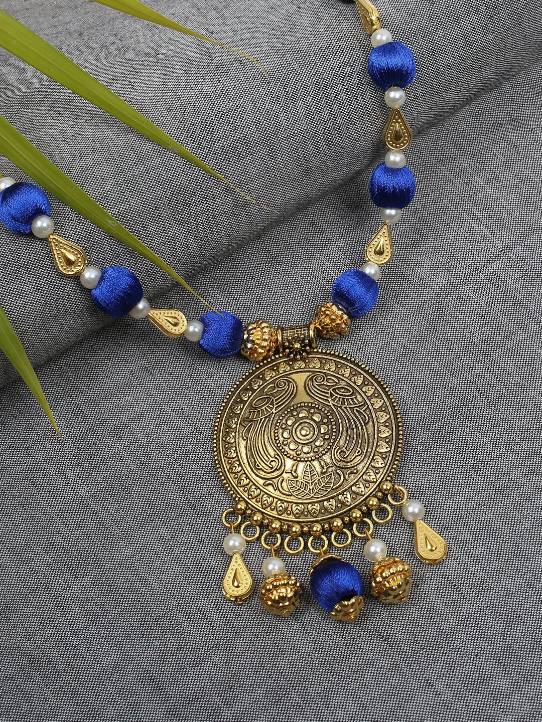 AKSHARA Gold-Toned & Blue Handcrafted Brass Necklace Price in India